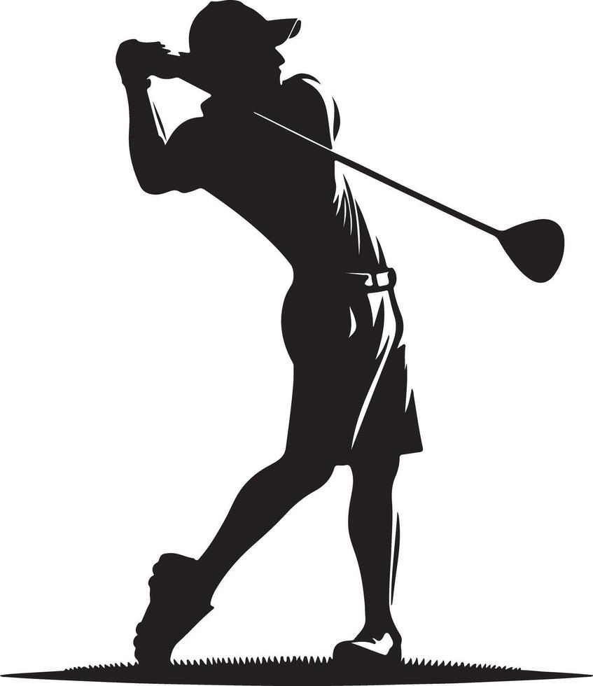 Silhouette of a golfer in mid swing wearing a cap and shorts against a white background on grass vector