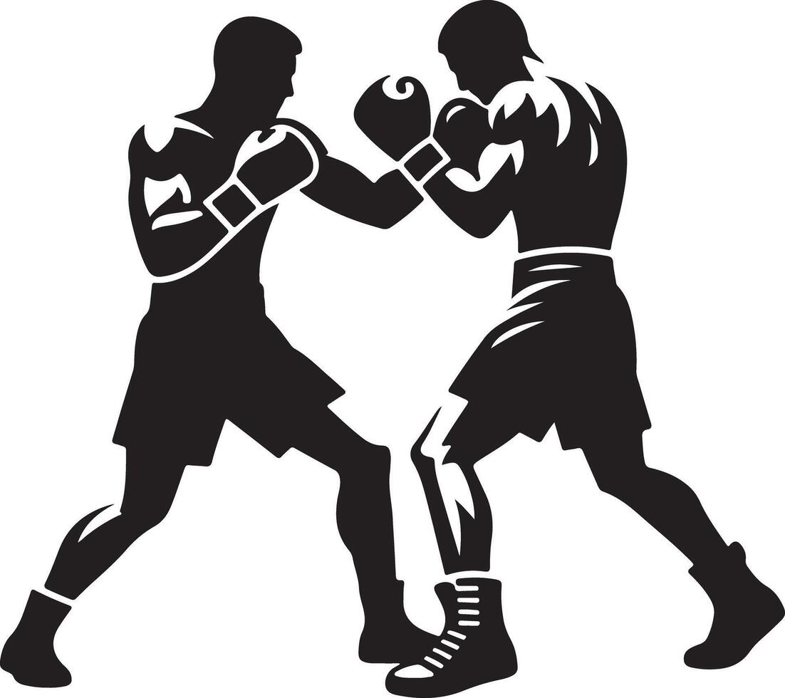 Two boxers in silhouette facing each other wearing boxing gloves and shorts in a fighting stance vector