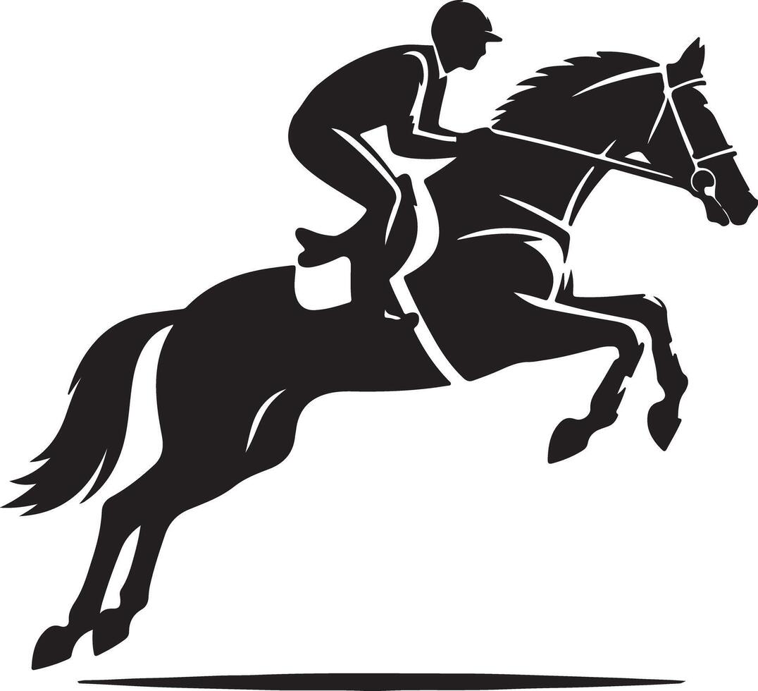 A silhouette of a jockey riding a horse jumping in the air in a black and white illustration vector
