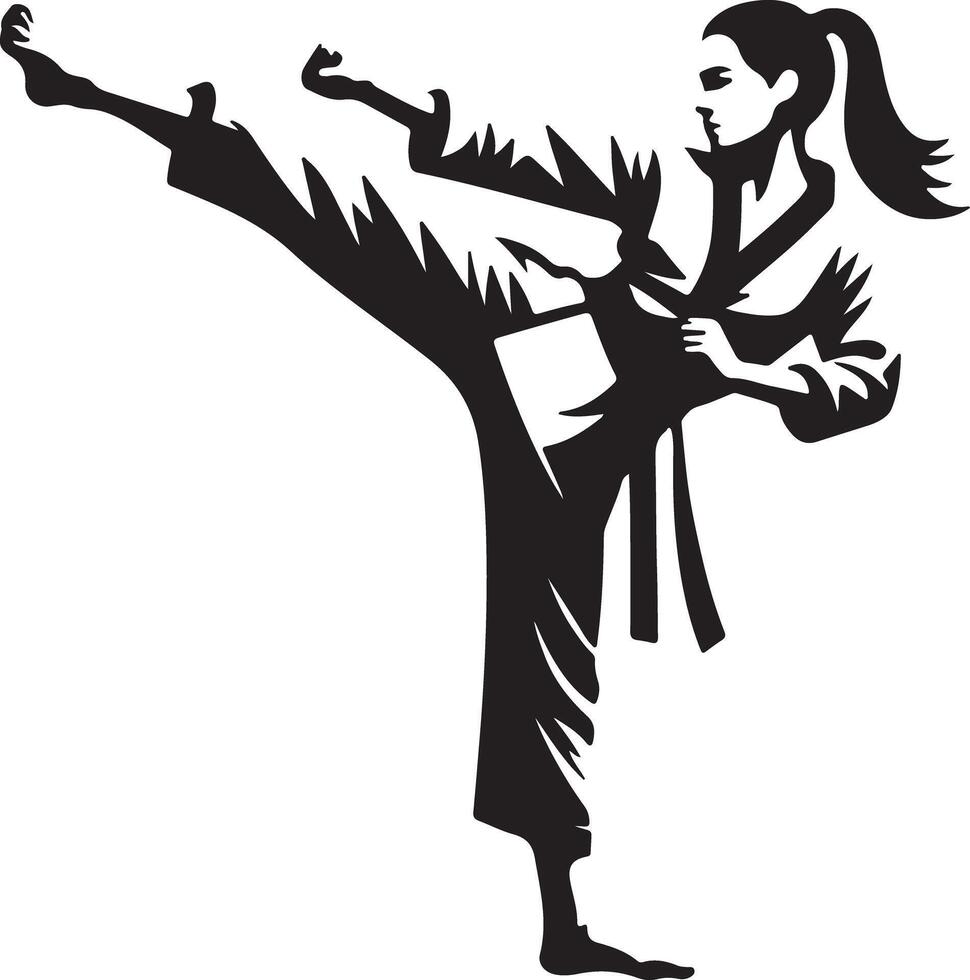 A black and white graphic of a woman in a karate uniform performing a high kick with a ponytail hairstyle vector
