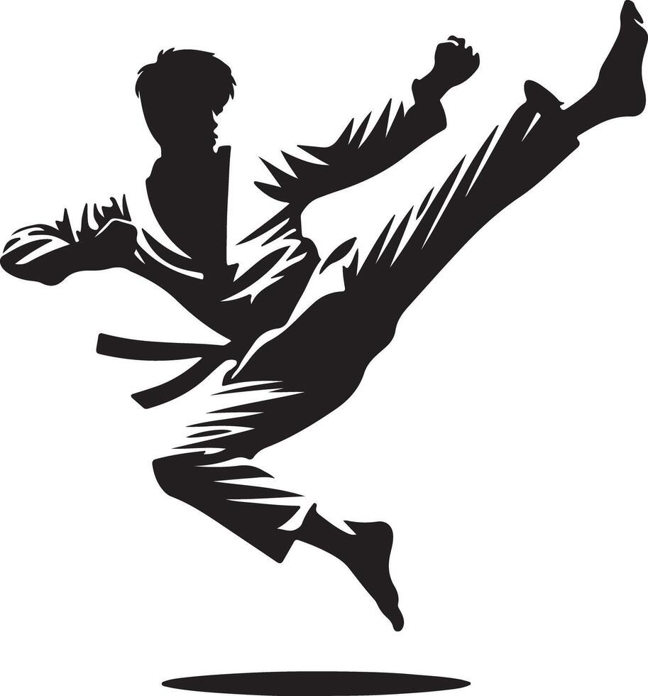 Silhouette of a karate practitioner in mid air performing a kick against a white background art image vector