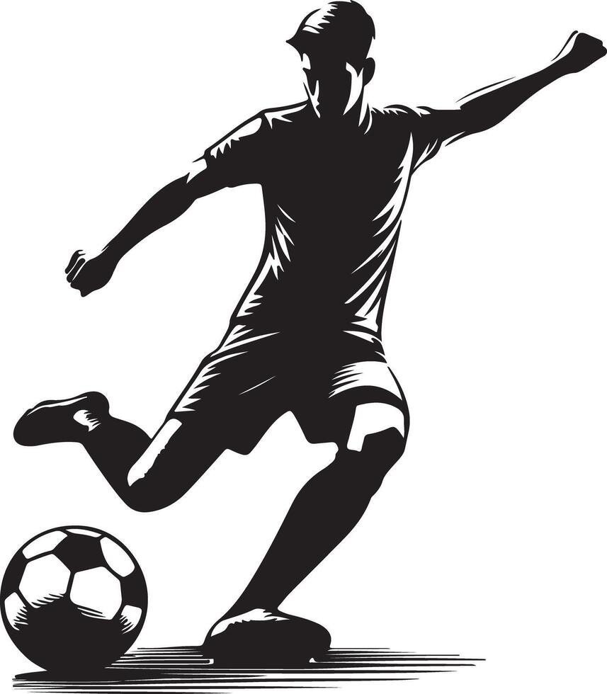 A stylized illustration of a soccer player kicking a soccer ball in a dynamic pose on a white background vector