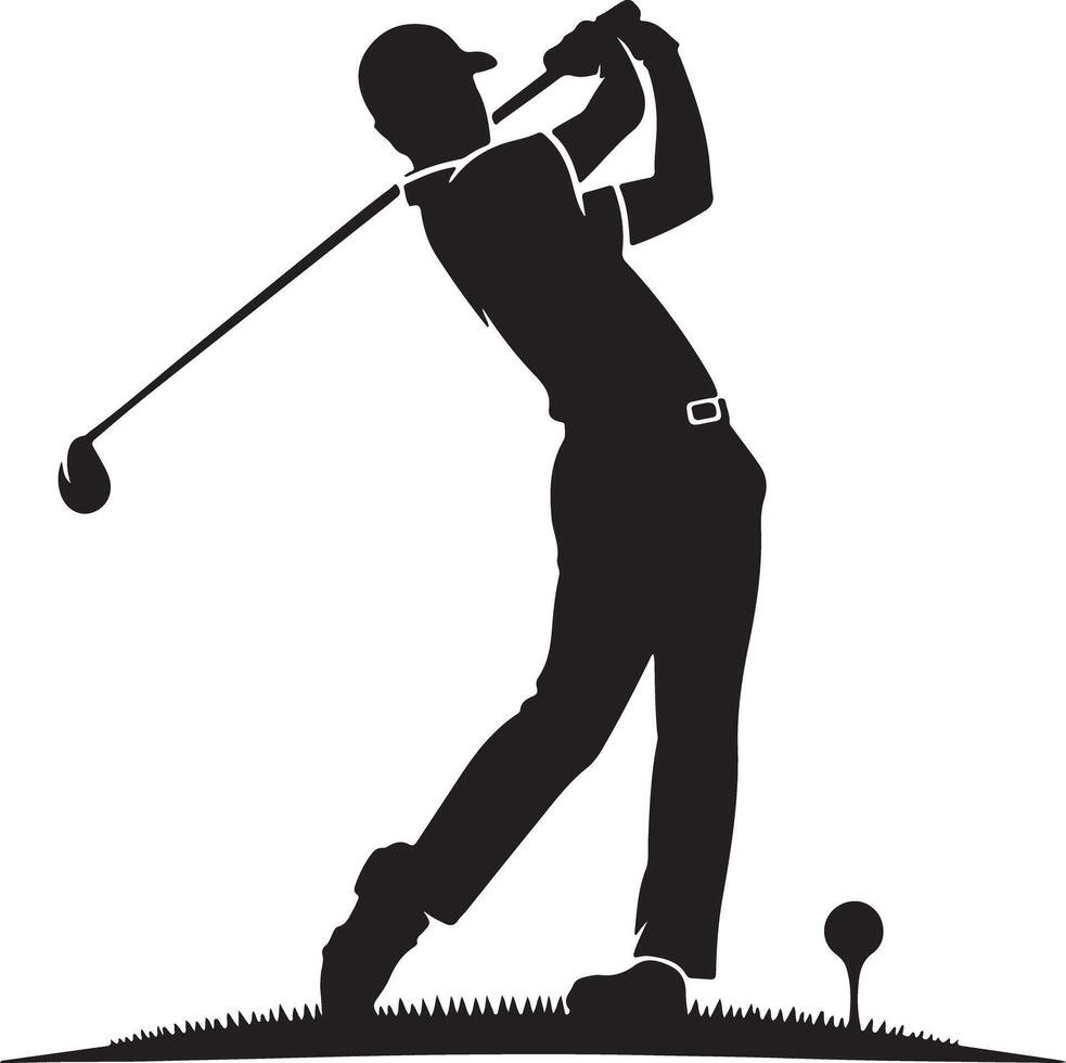 Silhouette of a golfer swinging a golf club with a golf ball on the ground in a white background vector