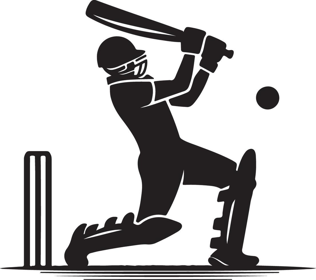 A silhouette of a cricket player batting with helmet, gloves, pads, ball and wickets on a white background vector