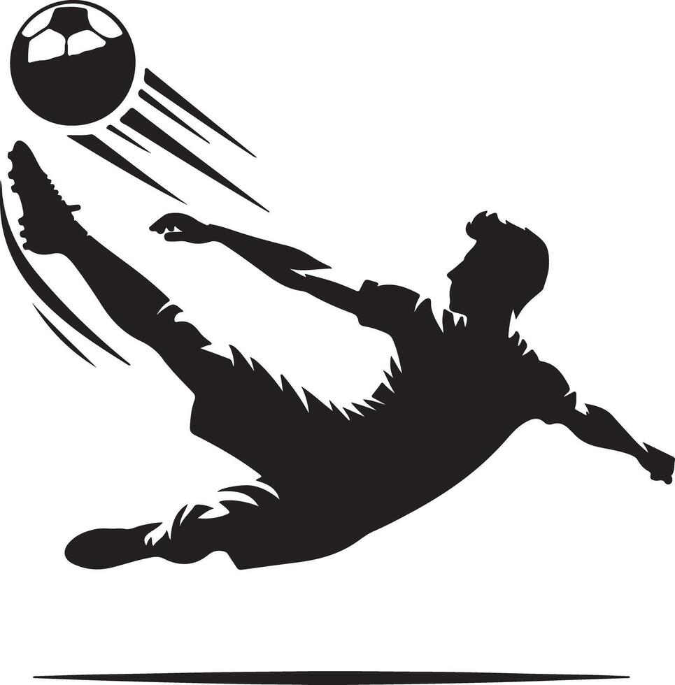 Silhouette of a soccer player kicking a ball with motion lines against a white background design art vector