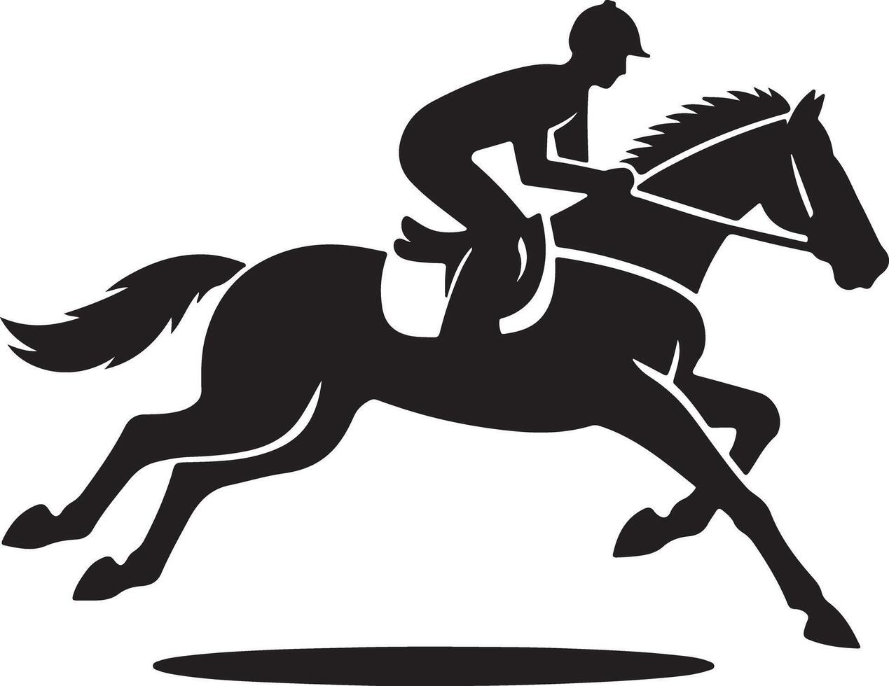 A black silhouette of a jockey riding a horse at full speed in a illustration on white background vector