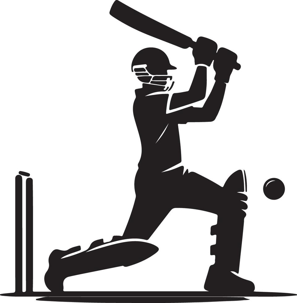 A silhouette illustration of a cricket player batting with stumps and ball on a white background vector