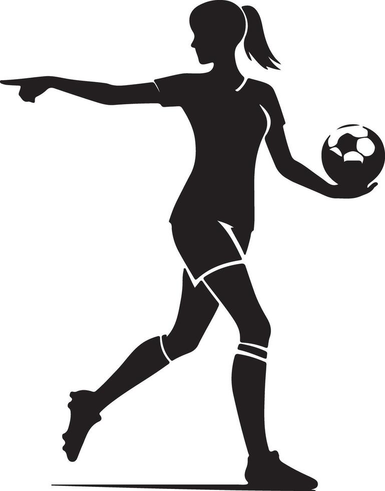 Silhouette of a female soccer player pointing with a soccer ball in her hand on a white background design vector