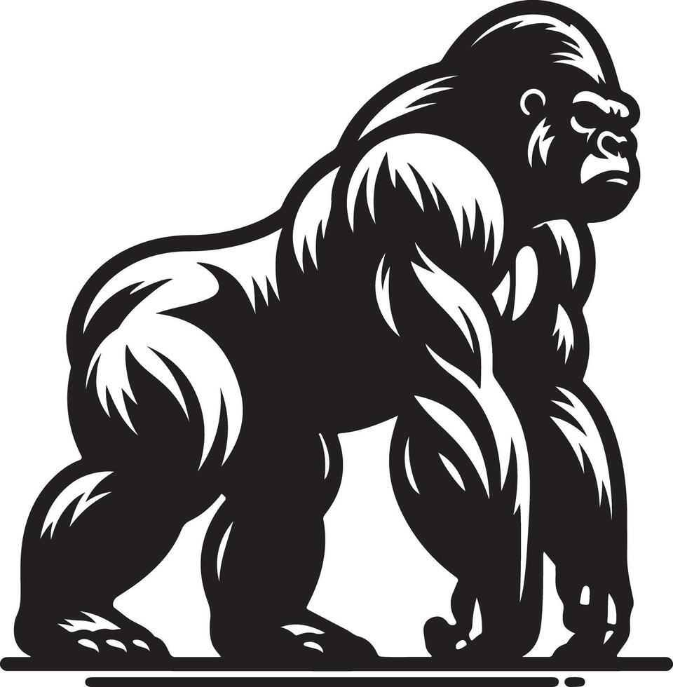 A black and white graphic illustration of a muscular gorilla standing in a side profile view pose vector