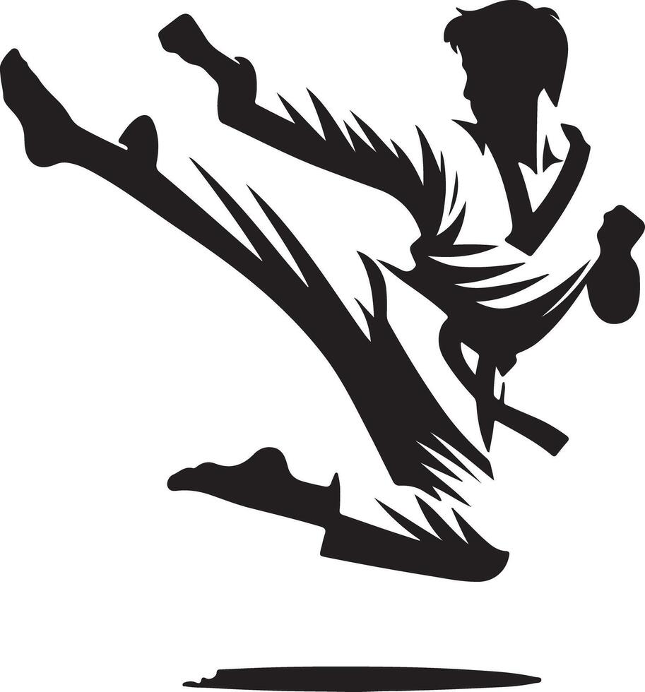 Silhouette of a man in a karate uniform performing a flying kick on a white background in a studio vector
