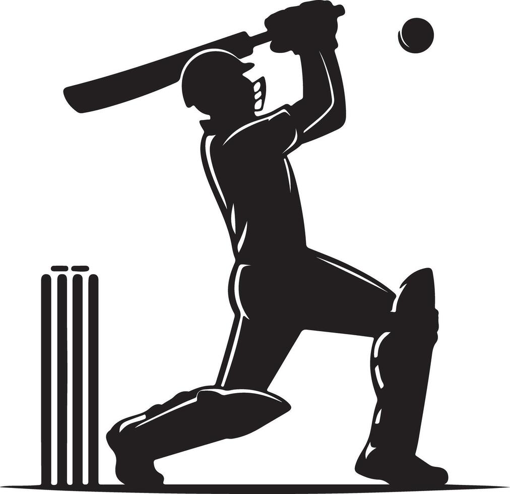 Silhouette of a cricket player hitting a ball with a bat next to wickets on a white background vector