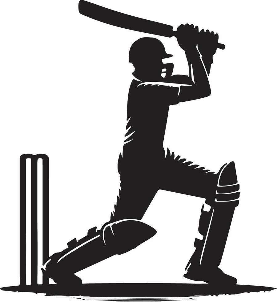 A silhouette of a cricket player in batting stance with helmet and cricket bat next to the wickets vector