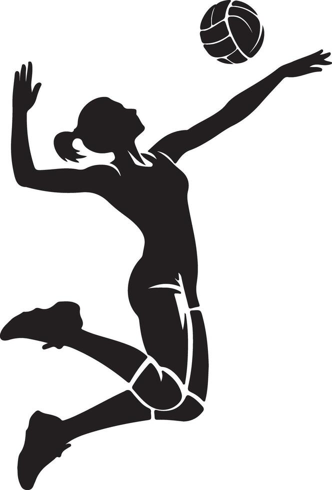 Silhouette of a woman jumping to hit a volleyball on a white background with dynamic pose and action vector