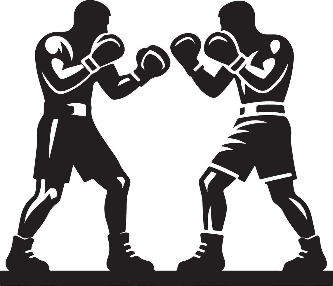 Two boxers facing each other in a boxing ring silhouette with boxing gloves and shorts in black and white vector
