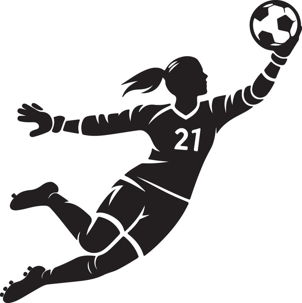 Silhouette of female soccer goalie diving to catch the ball with the number twenty one on her shirt vector