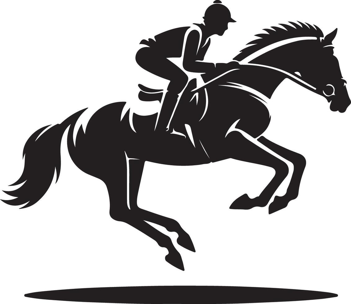 A silhouette of a horse and rider in mid jump against a white background in a stylized image vector