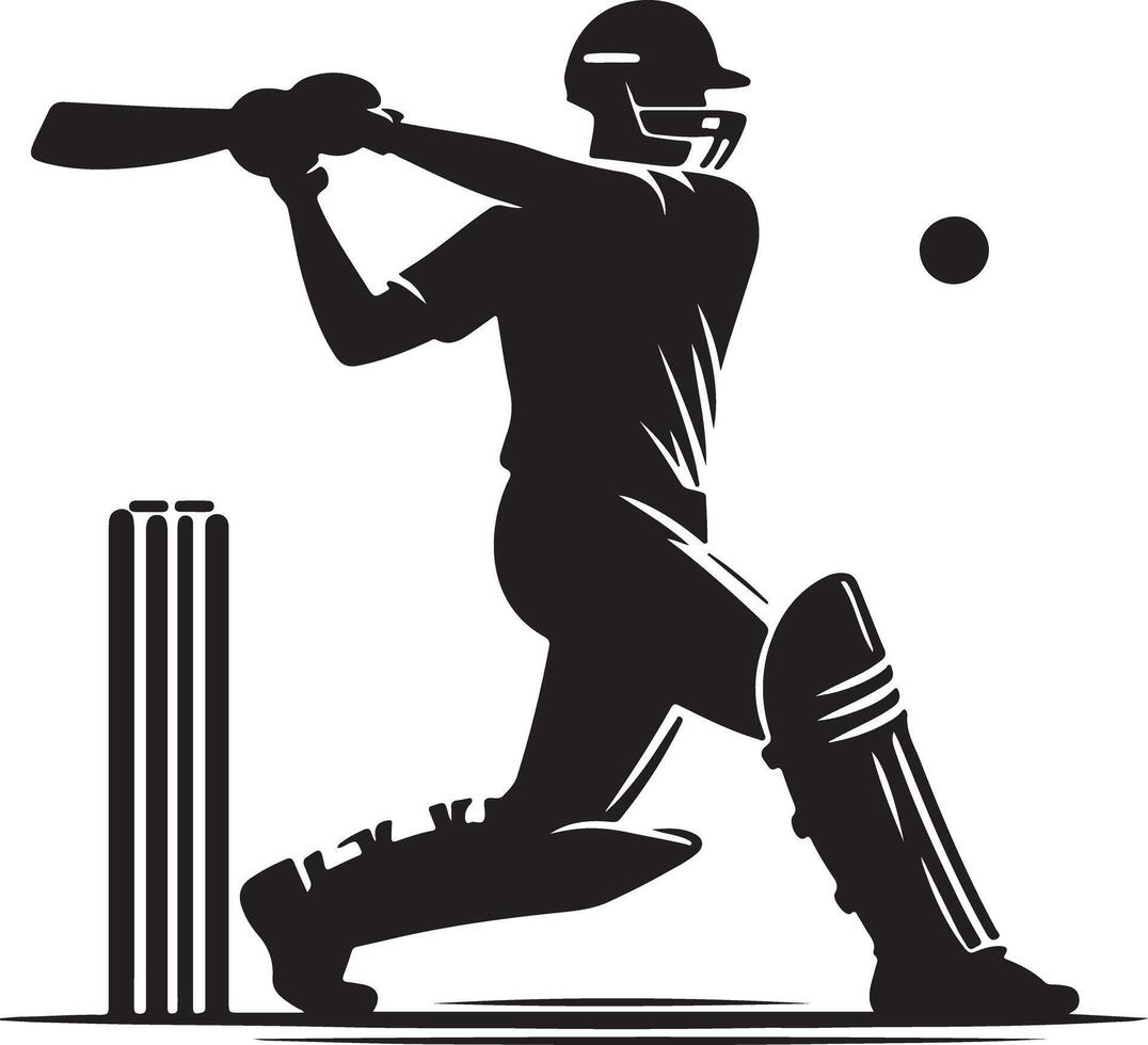 A silhouette of a cricket player hitting a ball next to the wickets in a white background image vector