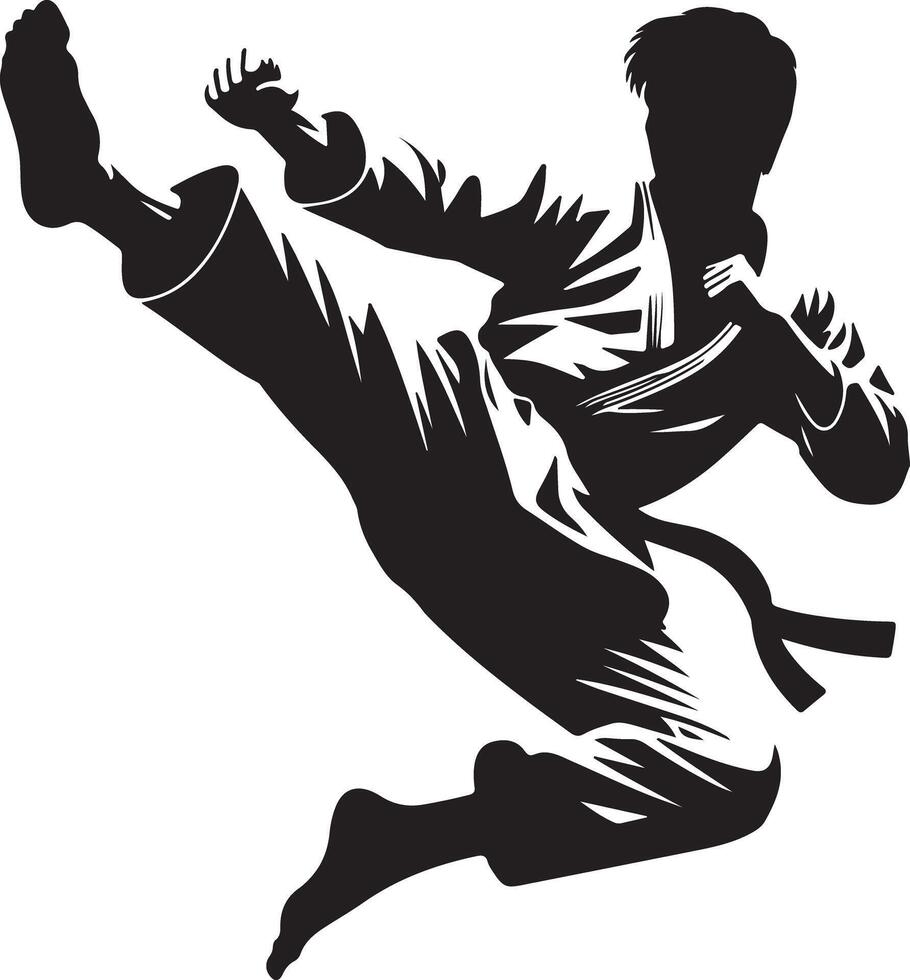 Silhouette of a martial artist in mid air performing a kick with a black belt on a white background vector