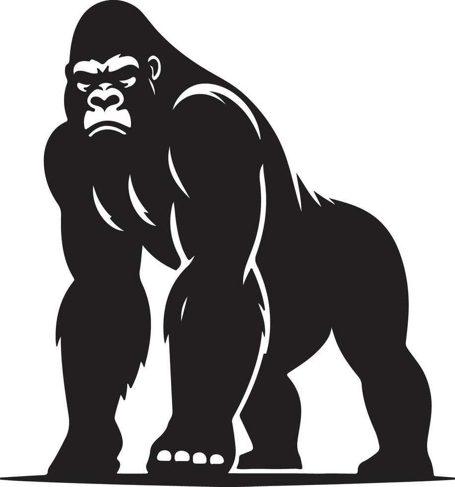 A bold black gorilla standing tall with a stern expression on a white background in a style vector