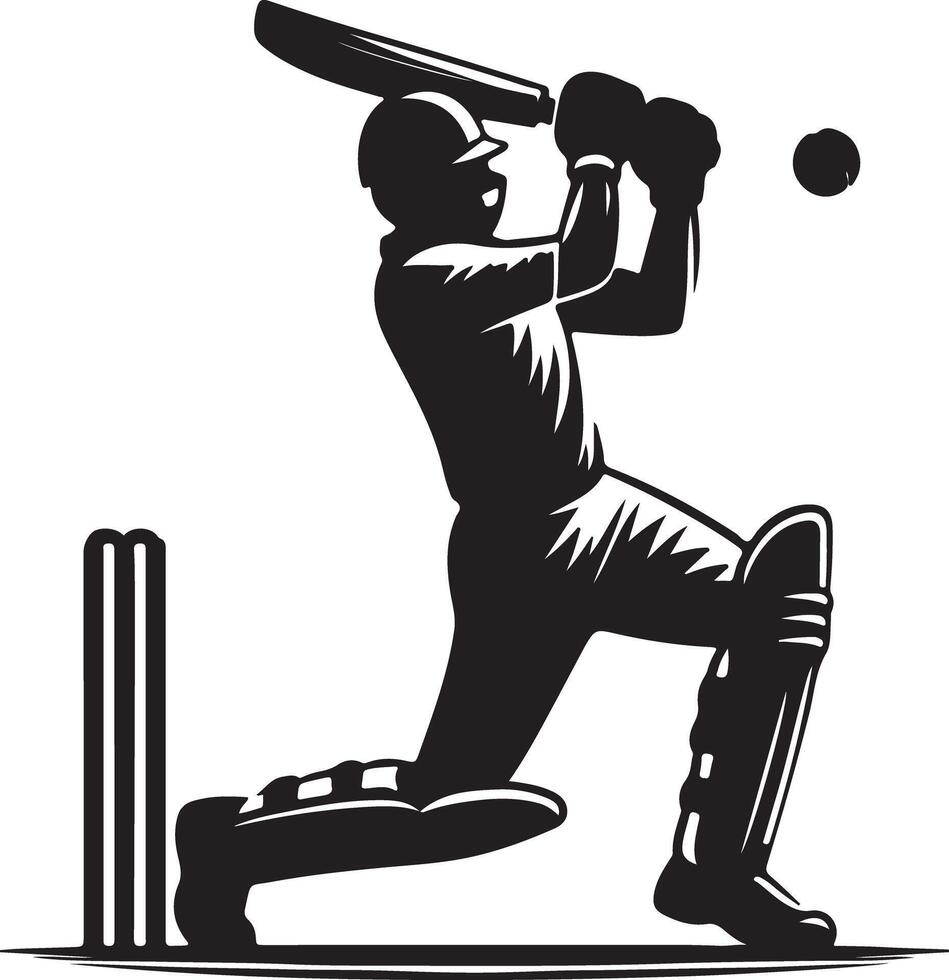 Silhouette illustration of a cricket player batting with wickets and a ball on a white background vector
