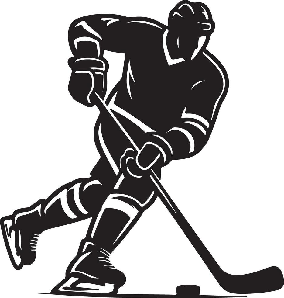 A stylized black and white illustration of a hockey player skating with a stick and puck on ice vector
