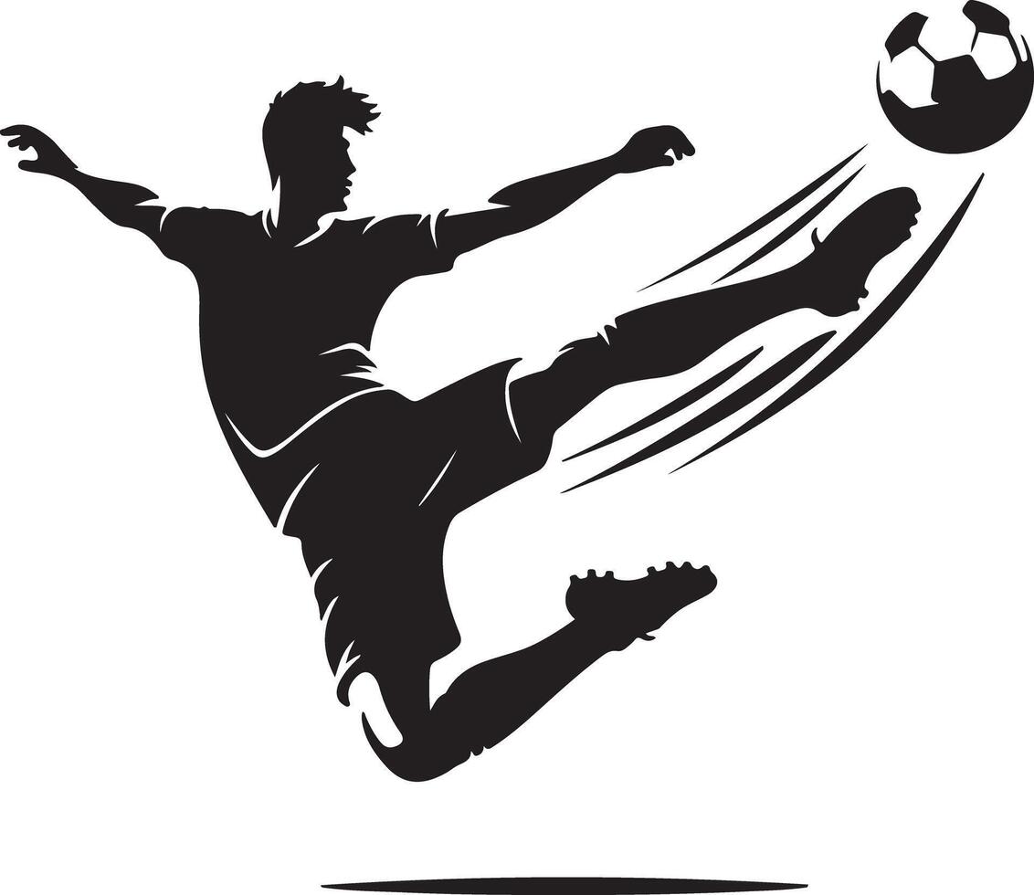 A silhouette of a soccer player kicking a soccer ball with motion lines in a dynamic pose on white vector
