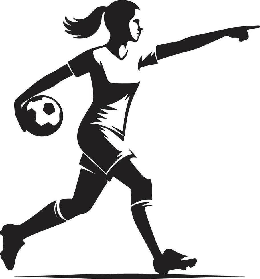 A silhouette of a female soccer player running with a ball and pointing her finger on a white background vector