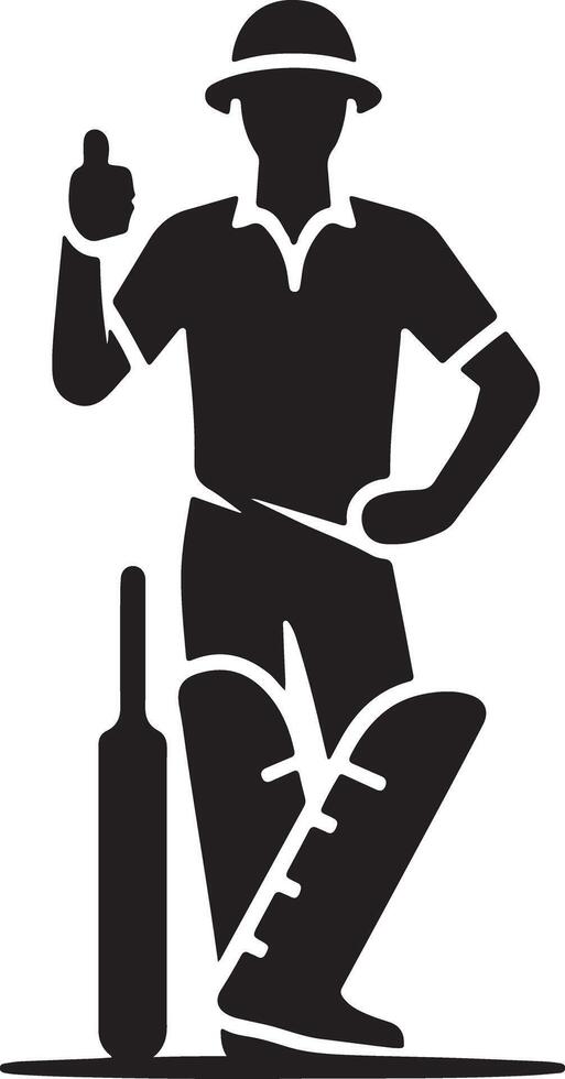 A cricket player in uniform standing with a bat and pads giving a thumbs up in a black silhouette vector