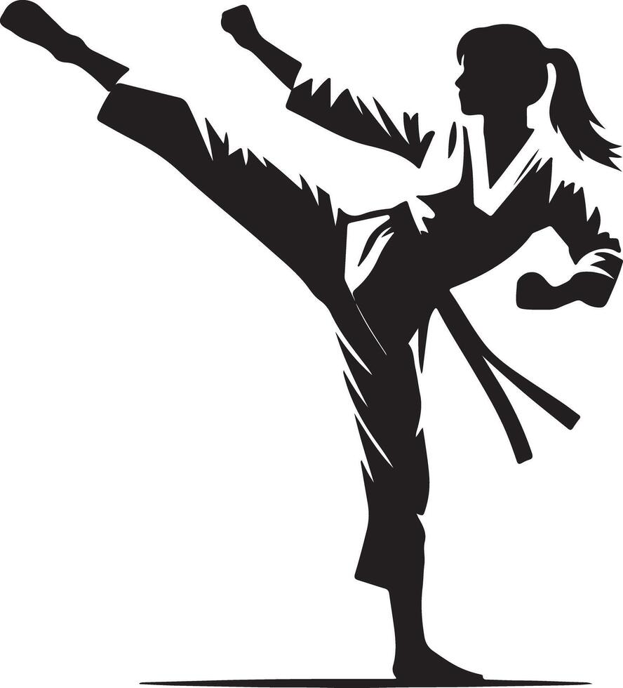 Silhouette of a woman in a karate stance with a raised leg and clenched fists on a white background vector