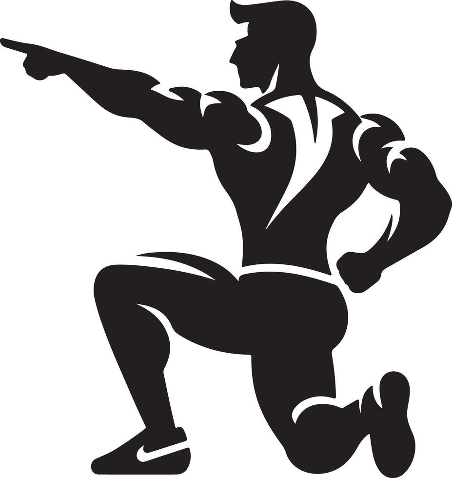 Silhouette of muscular man kneeling and pointing with an outstretched arm in a stylized illustration vector