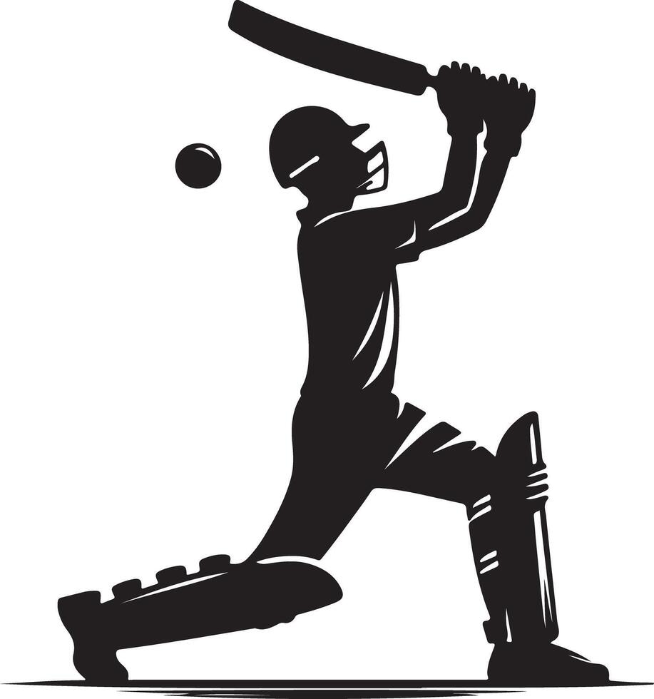 Silhouette illustration of a cricket batsman in action with bat and ball on a white background vector