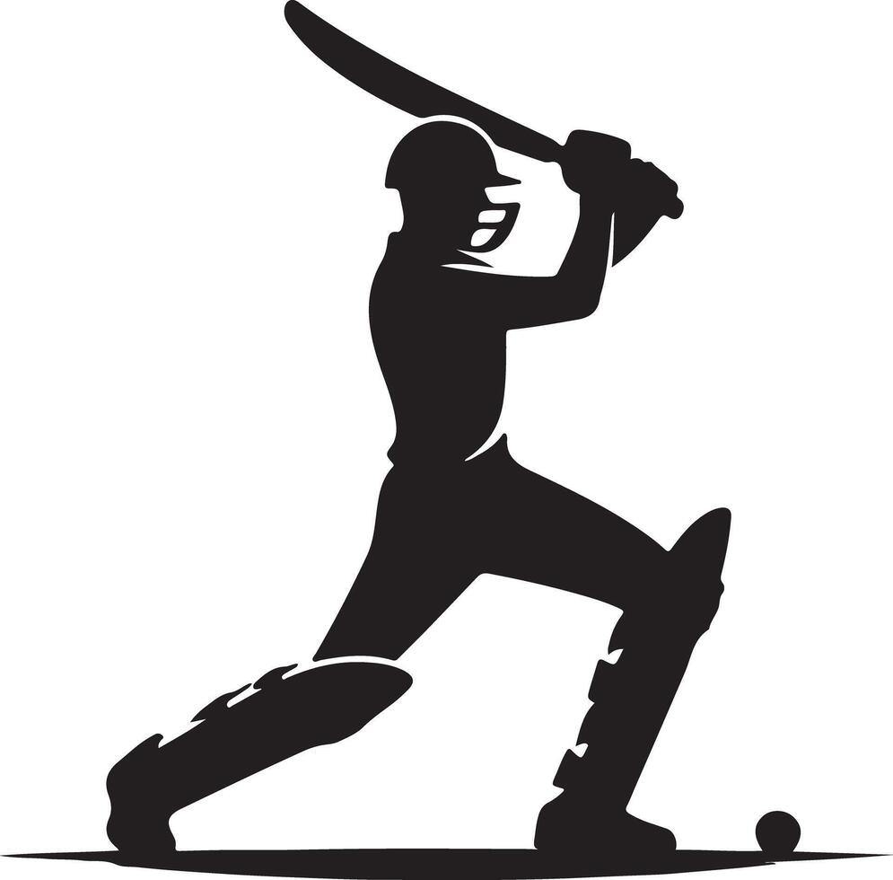 A silhouette of a cricket player in batting stance with bat raised ready to strike the ball on the ground vector