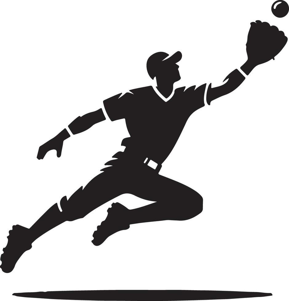 A baseball player silhouette leaping to catch a ball with a glove on a white background illustration vector