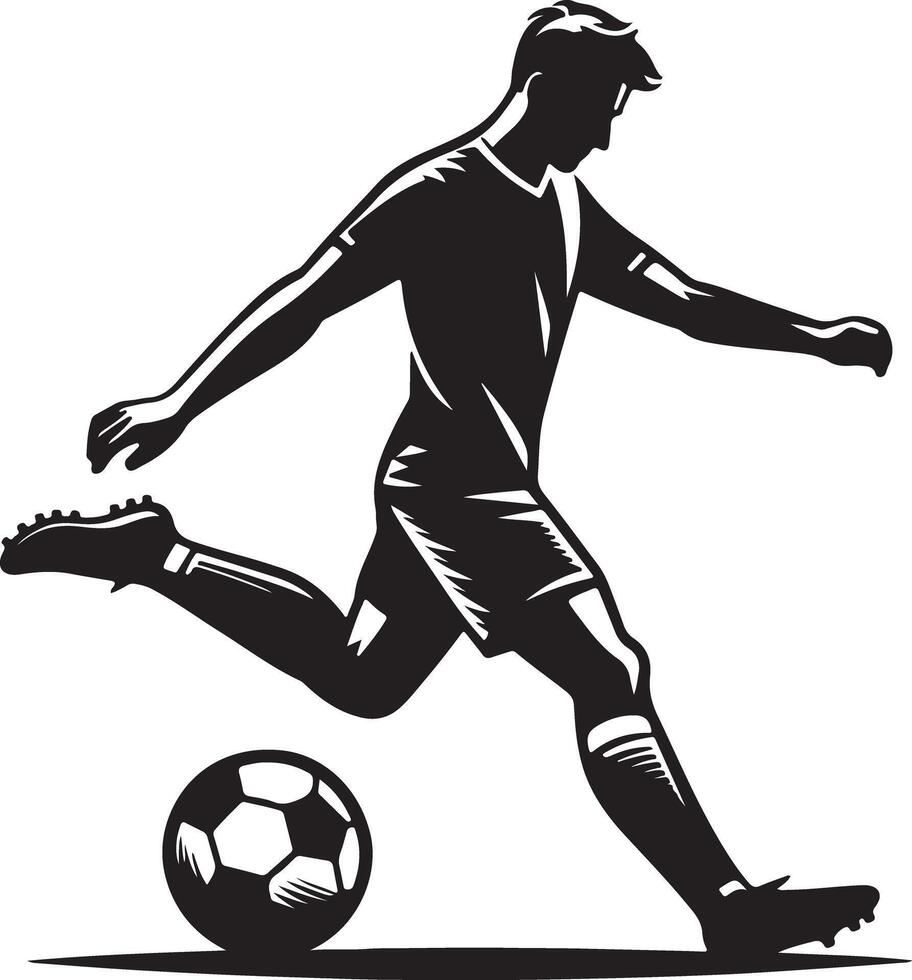 A graphic illustration of a soccer player kicking a ball in black and white minimalist design style art vector