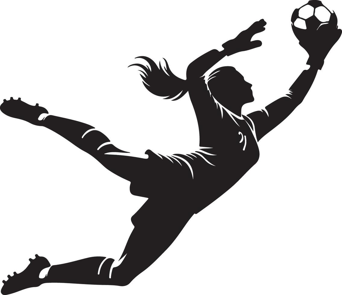 Silhouette of a female soccer goalkeeper diving to catch a soccer ball in a dynamic pose on white vector