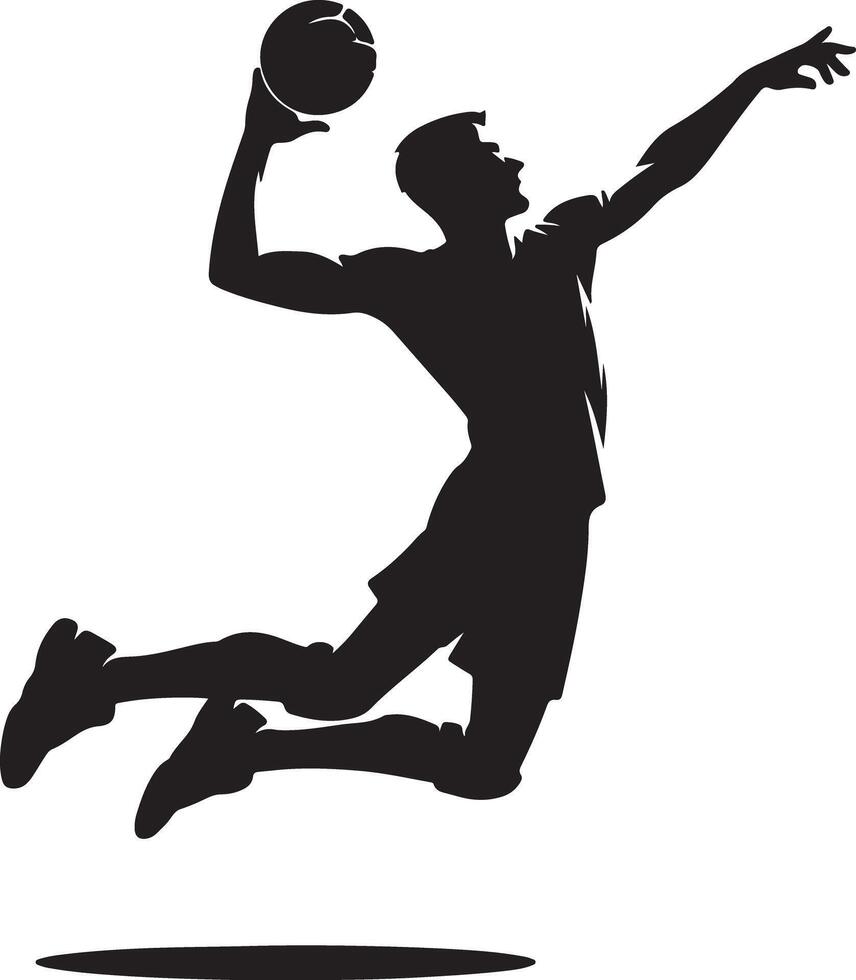 A silhouette of a volleyball player jumping and reaching for the ball in a dynamic action pose vector