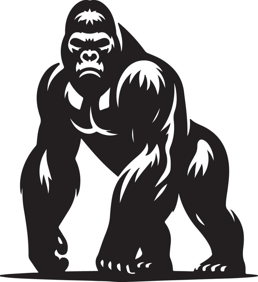 A stylized black and white illustration of a gorilla standing with a serious expression on its face vector