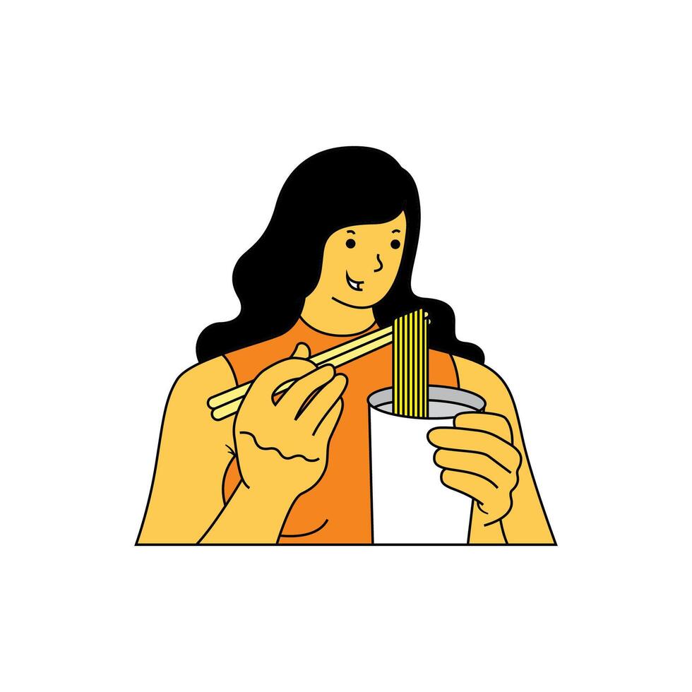 A woman is enjoying eating instant noodles vector