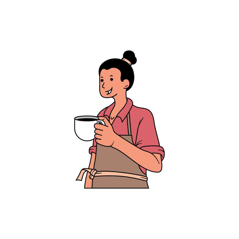 A female coffee maker is enjoying her coffee vector