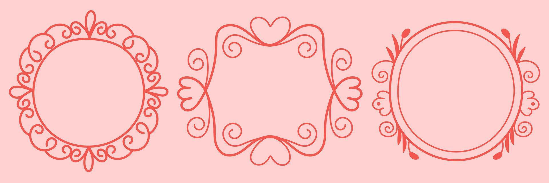 Set of decorative round and heart swirl frames. Cute hand drawn elements for romantic, kids, or craft design. vector