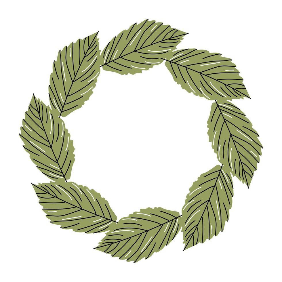 Green round wreath made of raspberry leaves. Natural hand drawn botanical element for eco design and packaging. vector