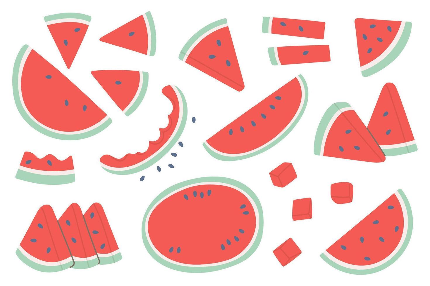 Flat illustration of watermelon slices and pieces in various shapes and cuts. Bright and playful summer-themed design perfect for seasonal, food, or tropical content. vector