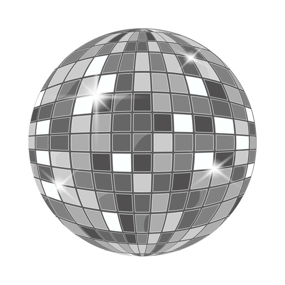 Silver disco mirror ball with reflective mosaic surface. Stylish element for retro parties, dance events, or music-themed visuals. vector
