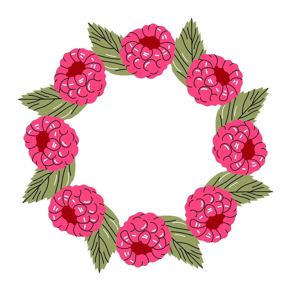 Round wreath with hand drawn raspberries and green leaves. Perfect for summer design, eco branding, or packaging. vector