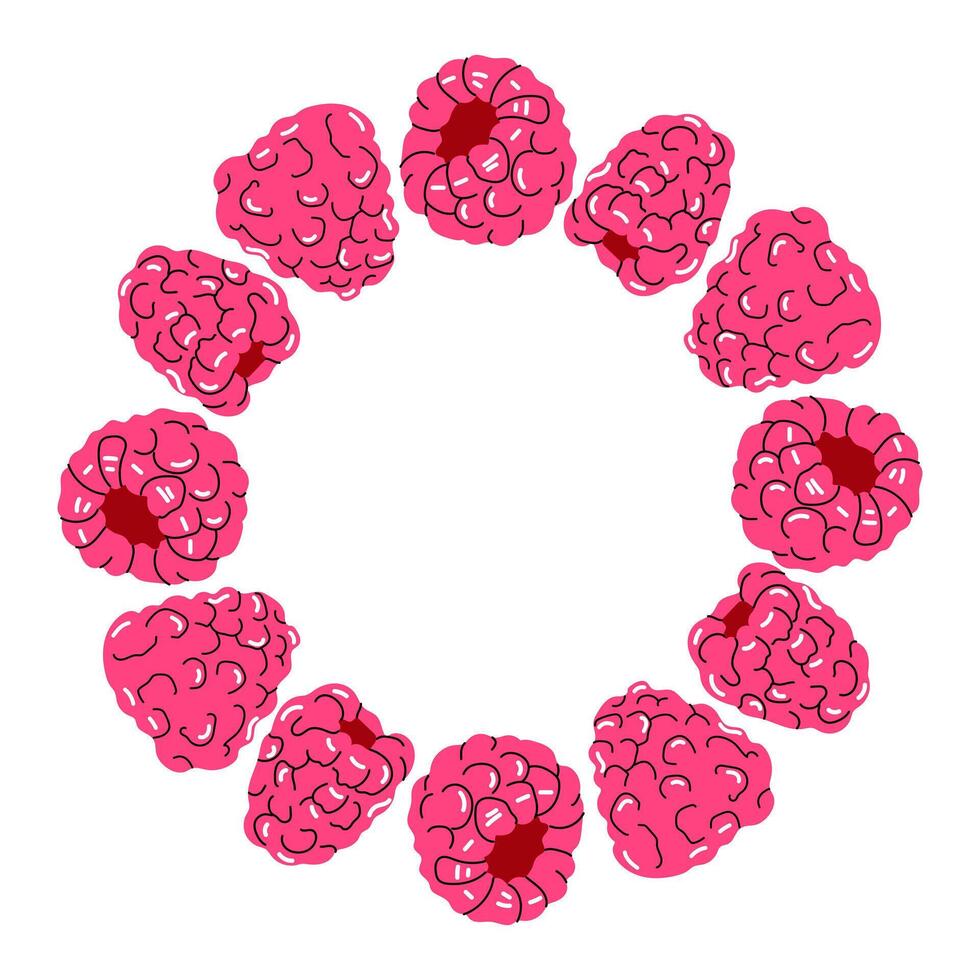 Raspberry fruit wreath in round shape. Hand drawn juicy berries in doodle style. Great for summer decor, packaging or organic food branding. vector
