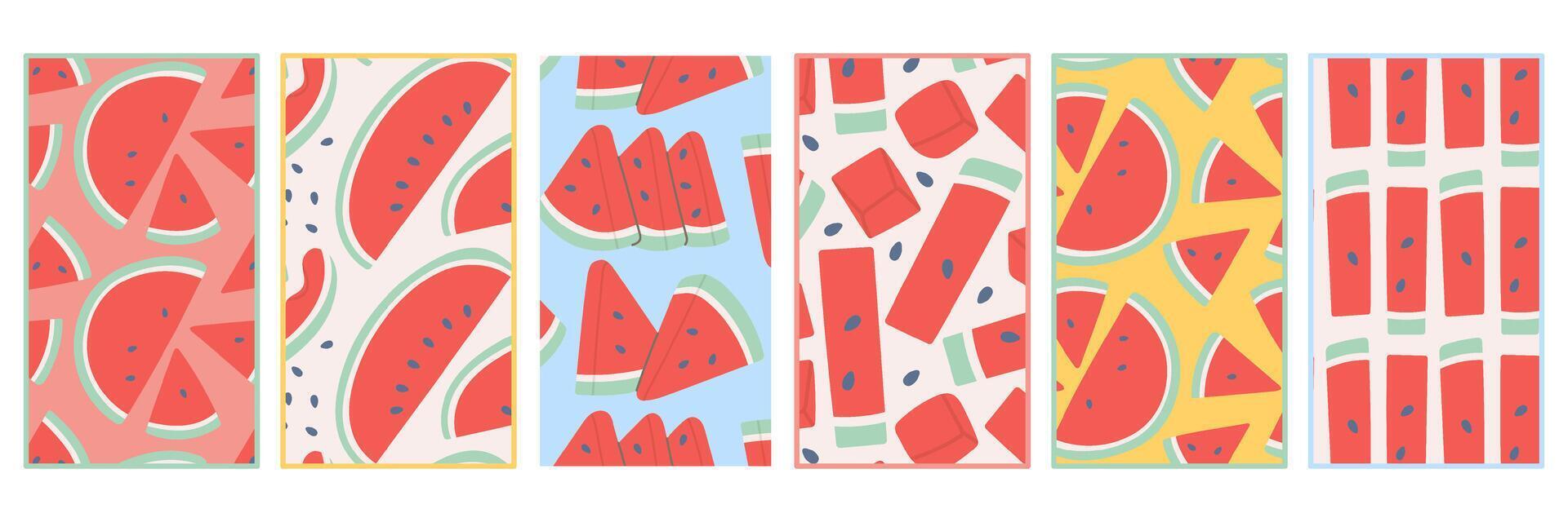 Set of seamless watermelon patterns with playful summer style. Bright colorful fruit backgrounds for textile, wrapping, packaging, stories, social media, digital invitations, cards or digital design. vector