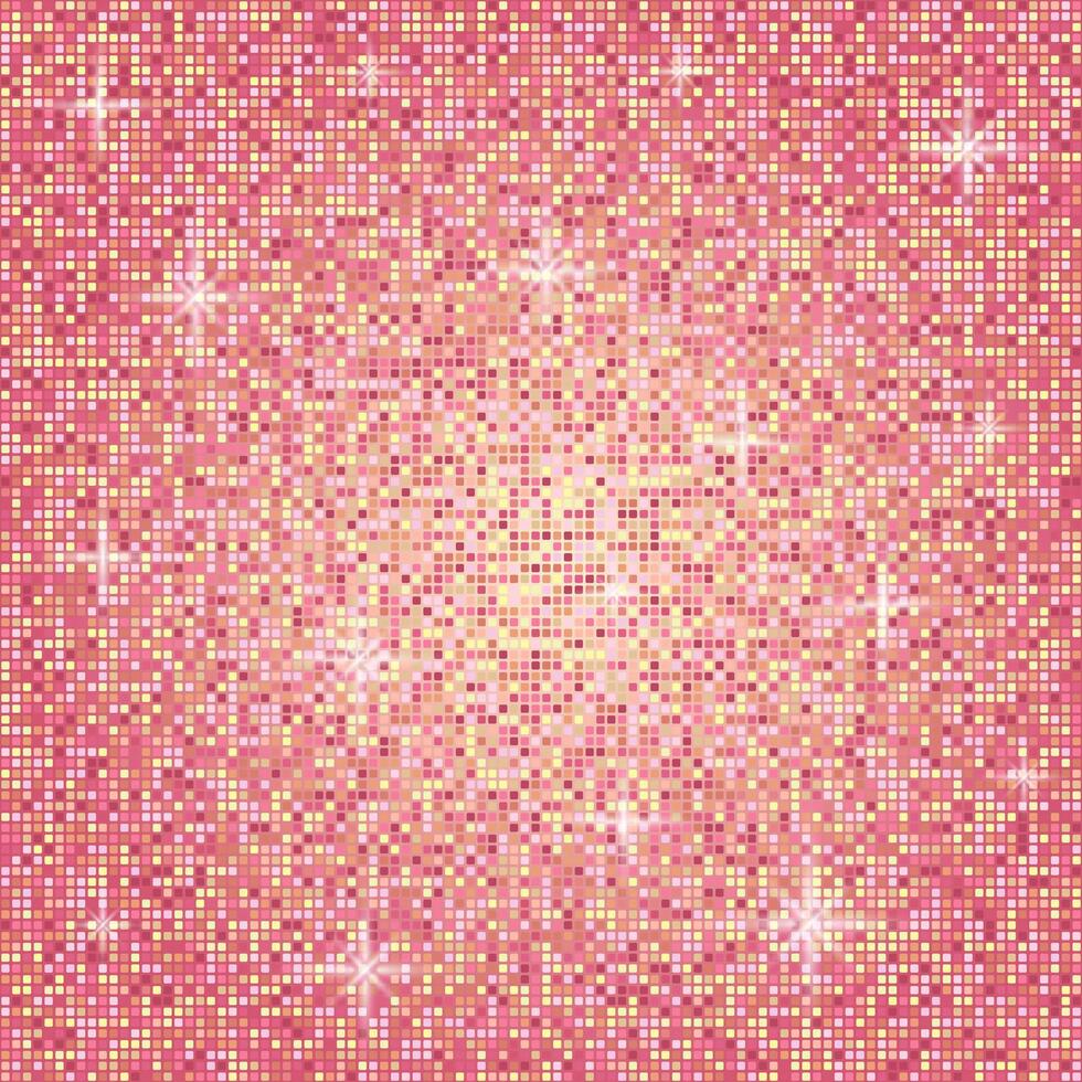 Bright pink and yellow disco mosaic glowing background with sparkles. Trendy illustration for party, music, dance or festive celebration design. vector