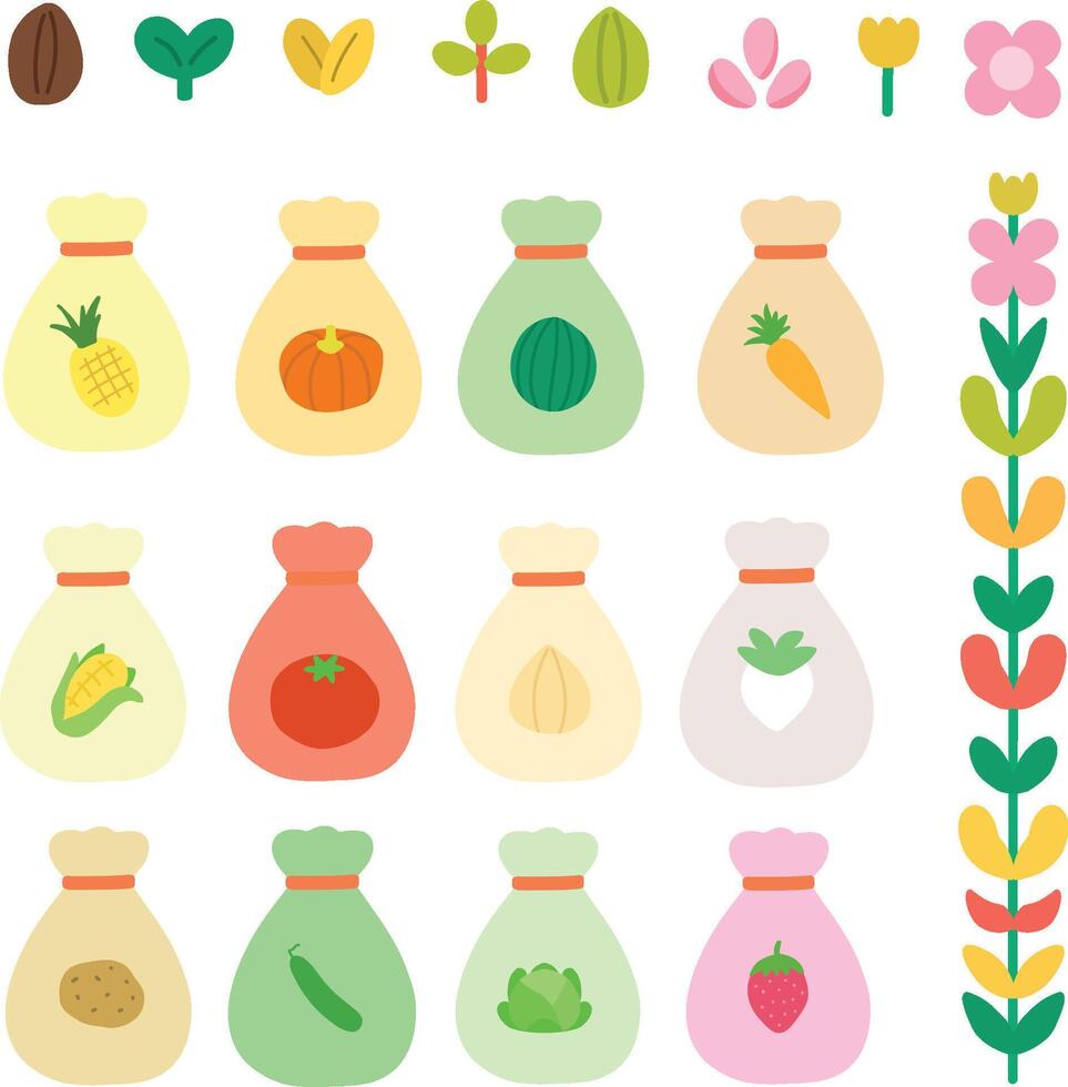 Set of colorful variety of fruit and vegetables seedling sack editable design illustration vector