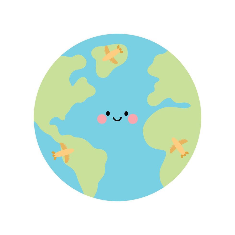Earth globe with little planes flying editable white background isolated design illustration vector