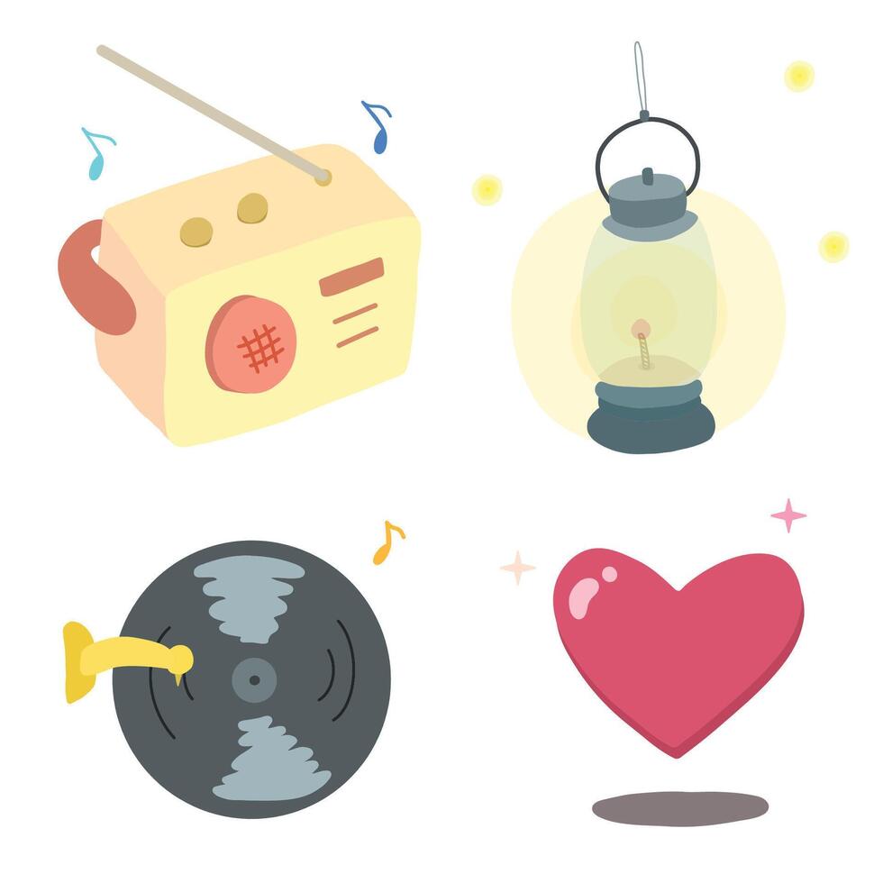 Set of retro items pastel colored radio, lantern, vinyl disc, and heart editable design illustration vector